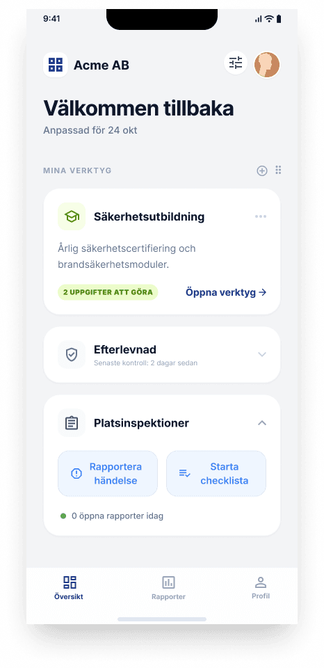 Översikt i Nordic Security Portal — status på inspektioner, brandskydd och incidenter