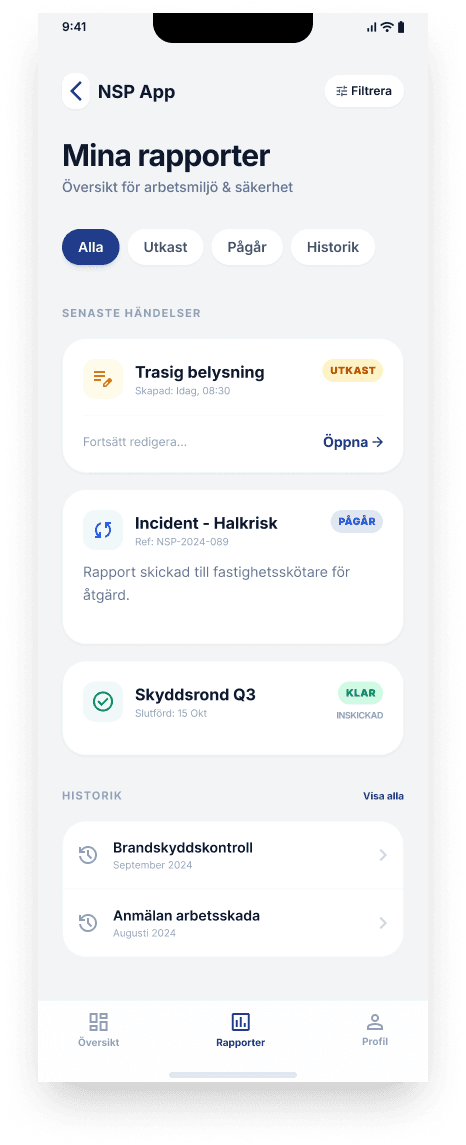 Rapportvyn i Nordic Security Portal — automatisk sammanställning av inspektioner och avvikelser